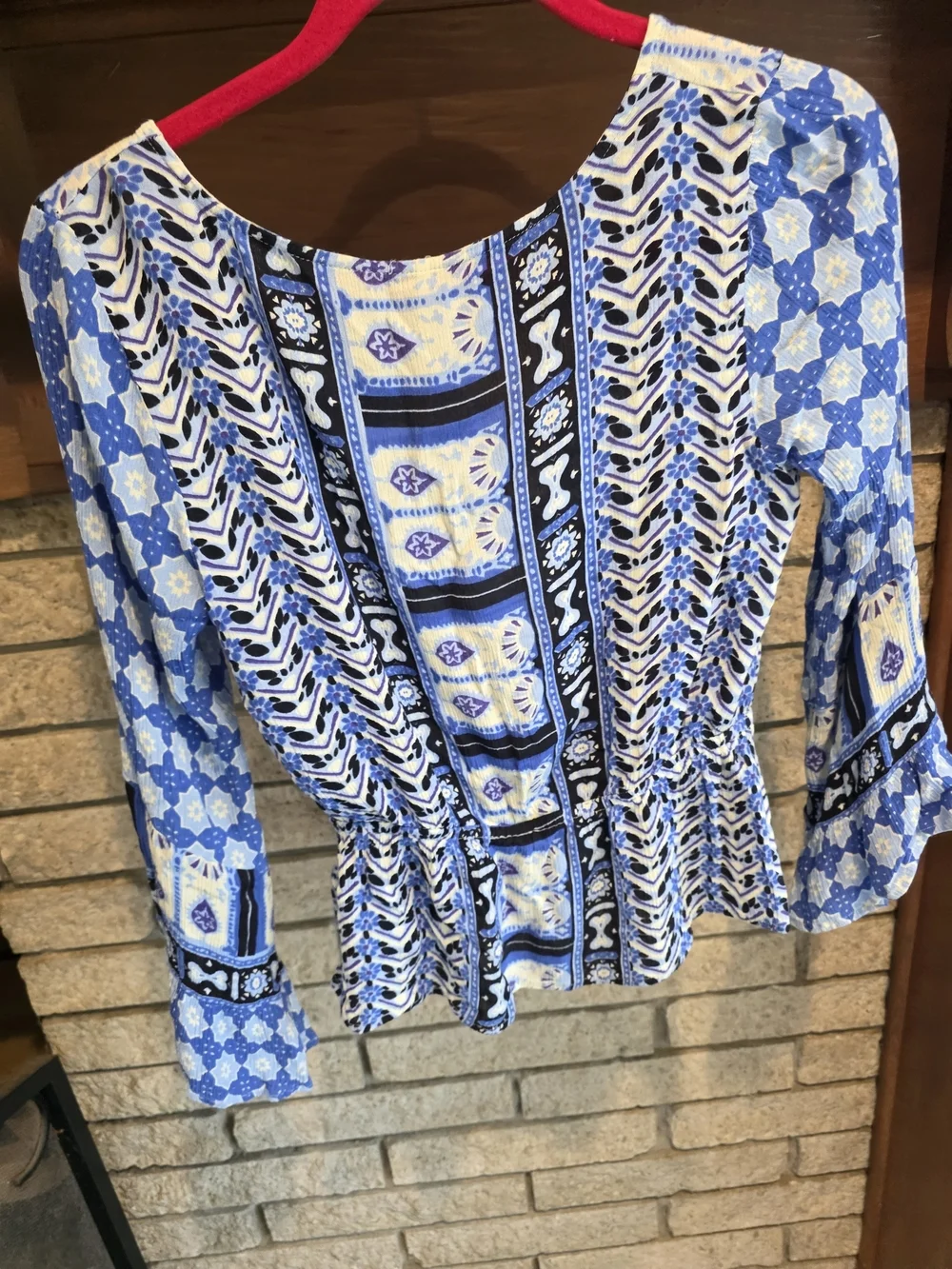 Free People Blue Printed Wrap Smocked-Waist Blouse